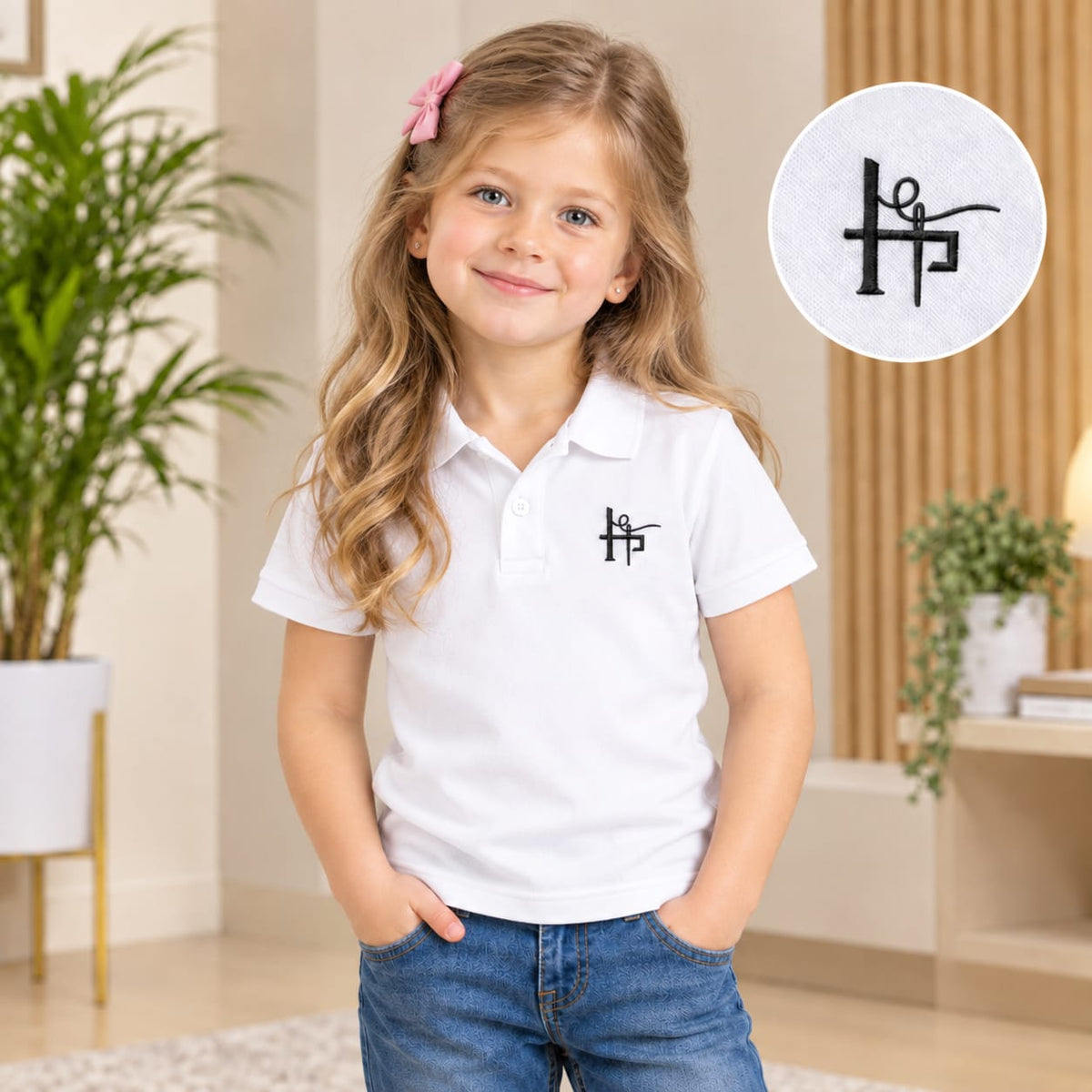 Kids Girls Classic Embroidered Polo Shirt - Grey