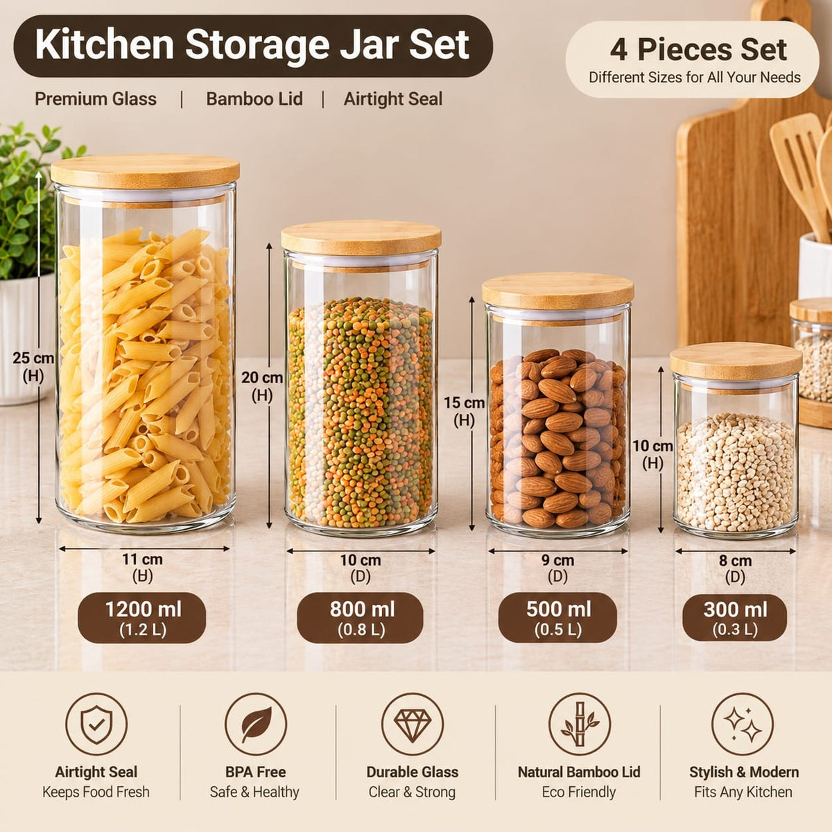 Premium Glass Kitchen Storage Jar Set – 4 Pieces