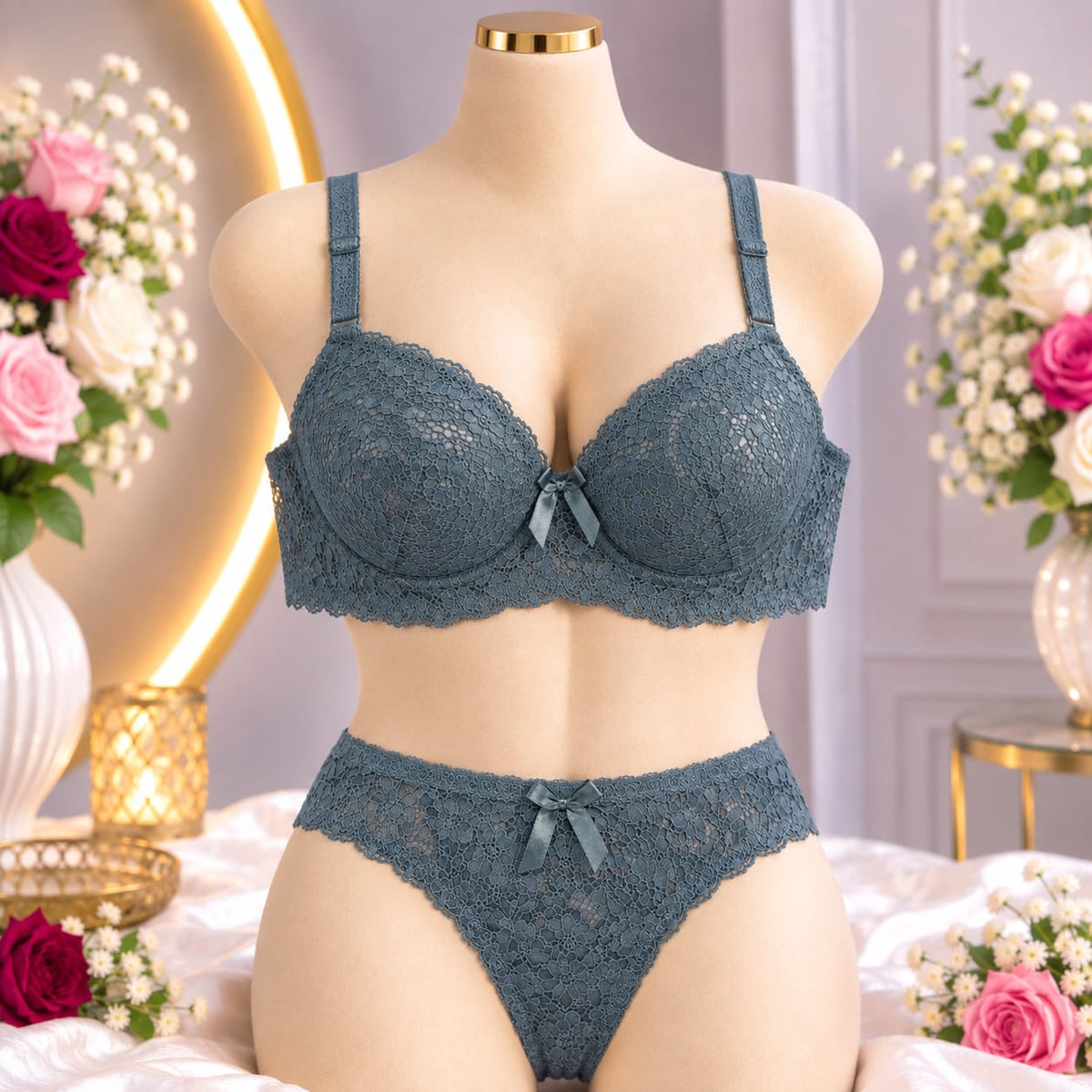 Ladies Lace Bra & Panty Set – Dark Grey