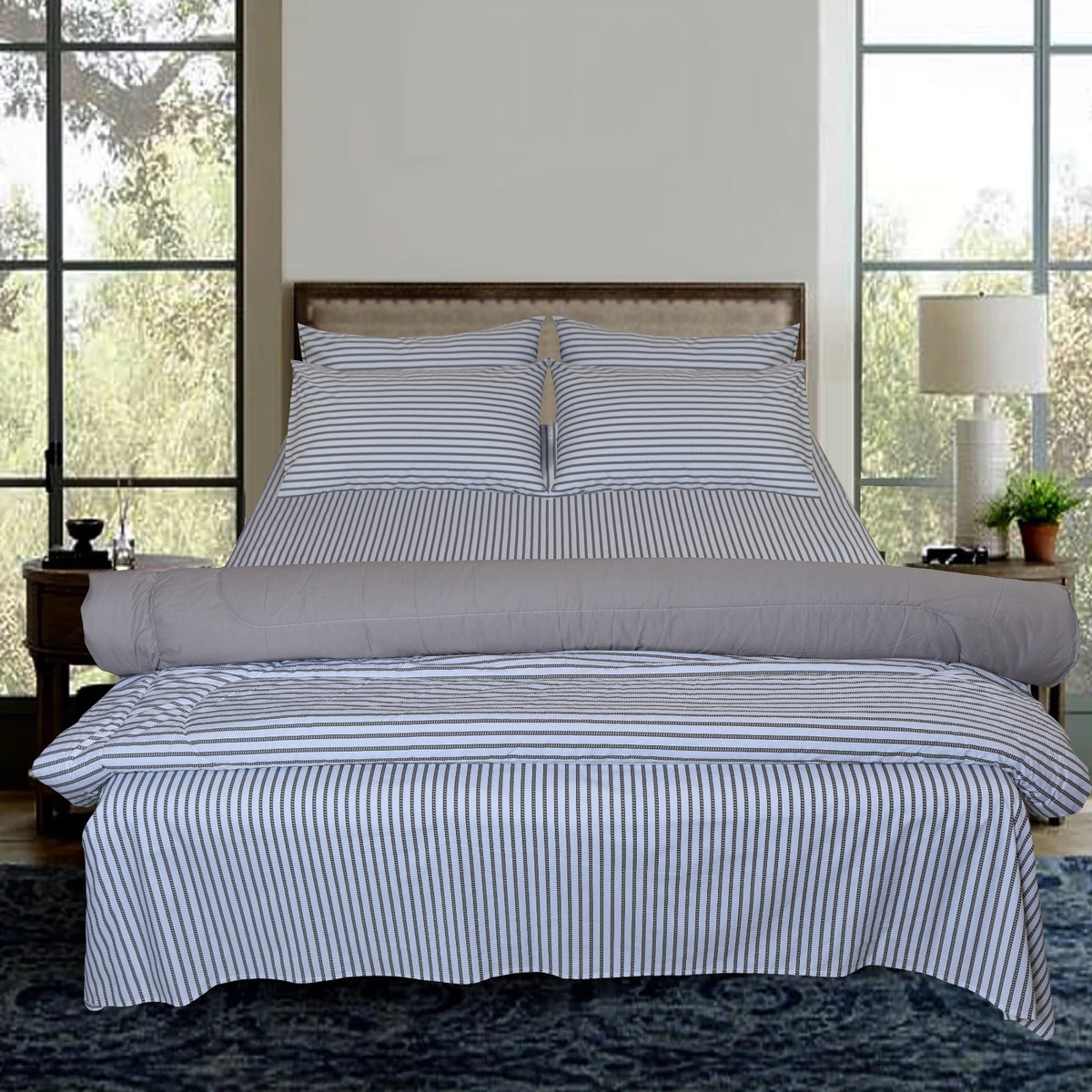 Premium Bed Sheet Collection – White & Grey Stripe