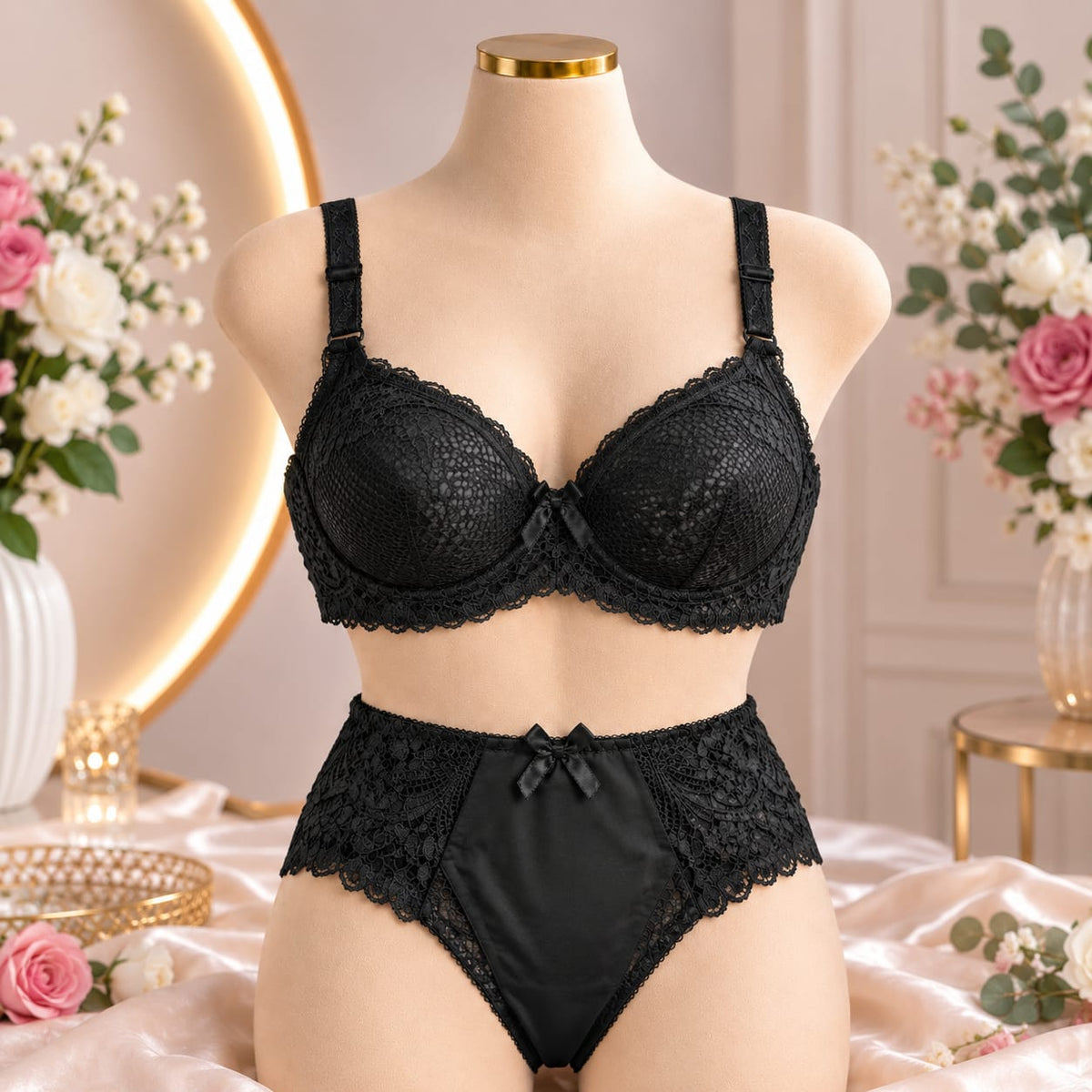 Ladies Floral Lace Bra & Panty Set – Black