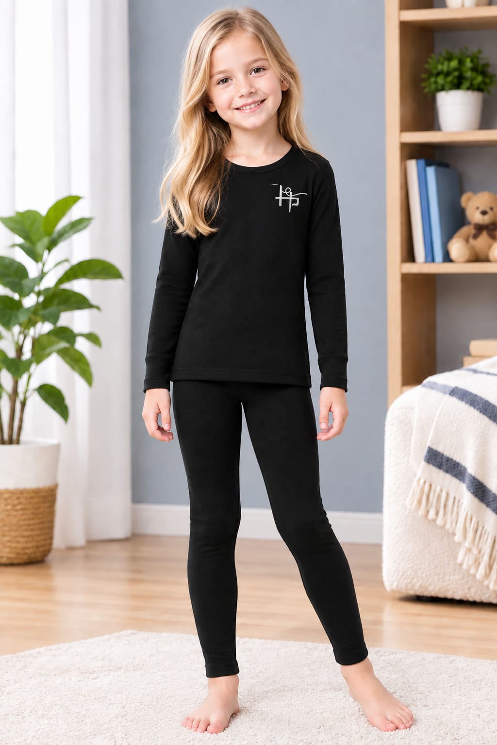 Kids Girls Classic Thermal Suit – 2 Piece - Black