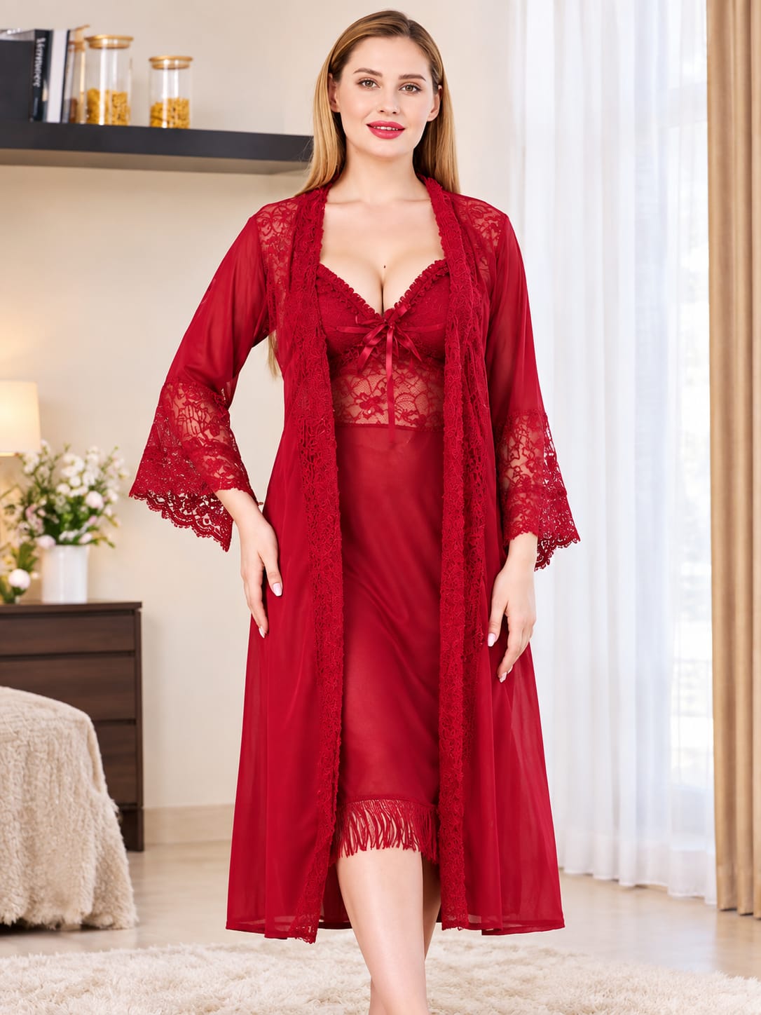 Women’s Premium Lace 3 Piece Nighty Set - Black