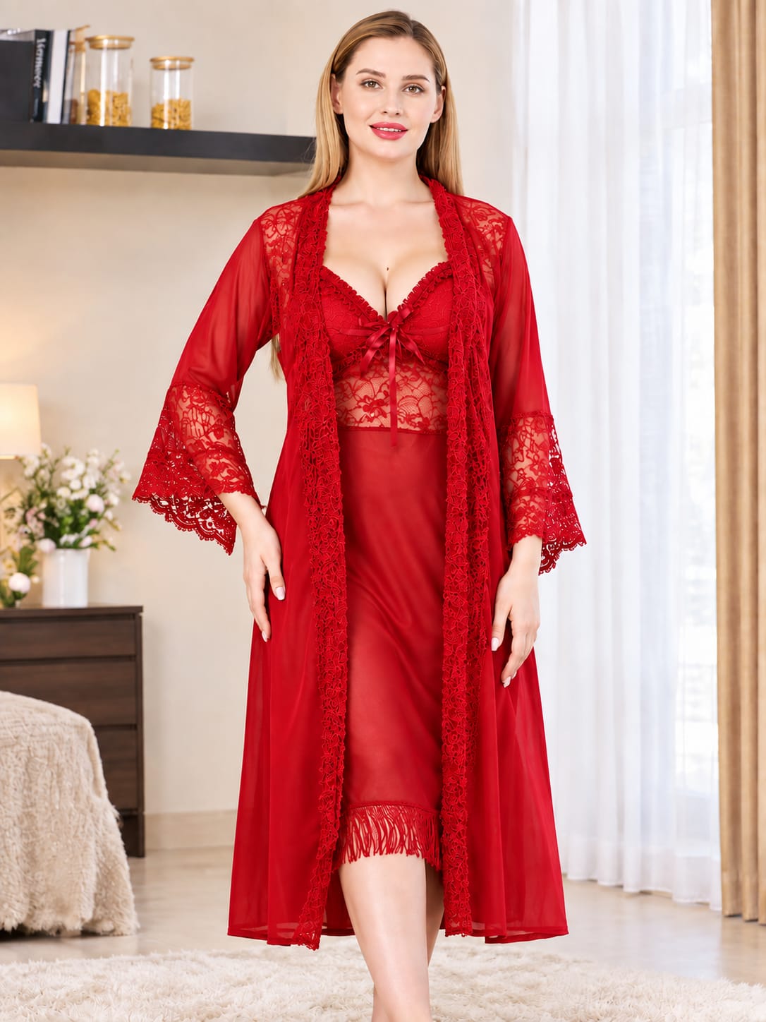 Women’s Premium Lace 3 Piece Nighty Set - Black