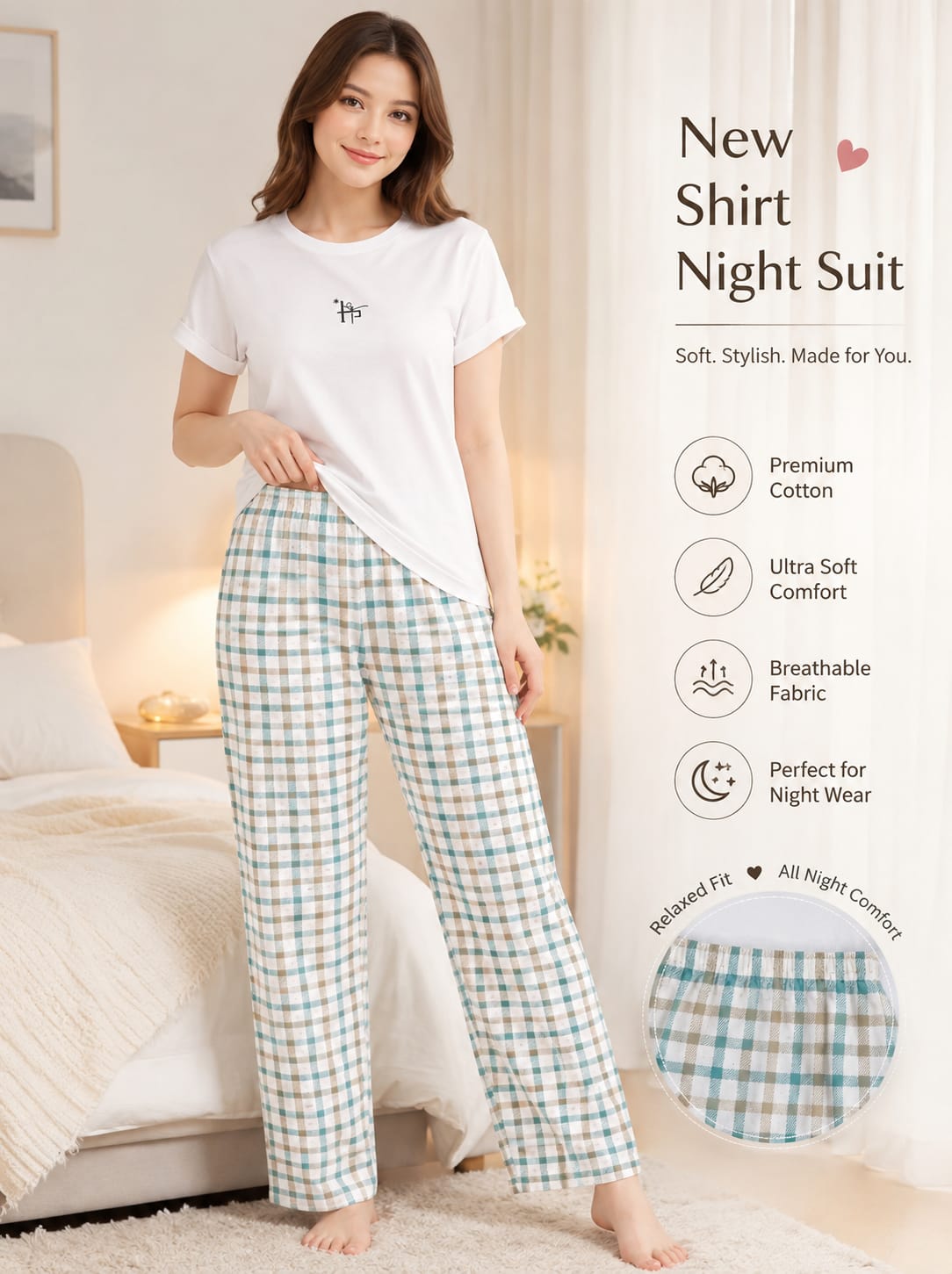 Ladies Night Suit 2 Piece – White Top & Aqua Check Pajama Set