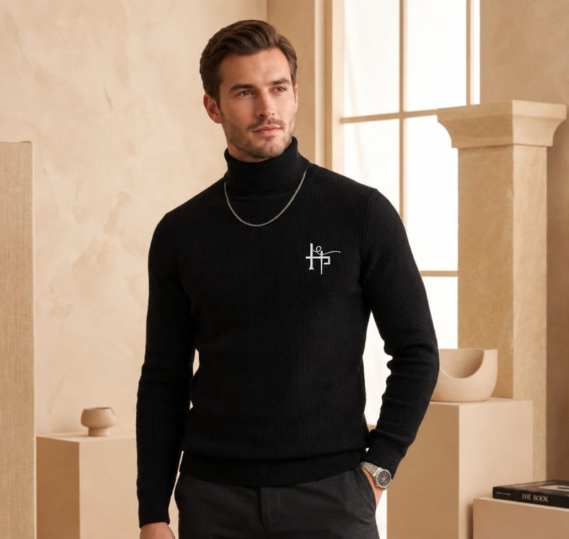 Men's Black Classic Ribbed High-Neck Turtleneck Knit Sweater