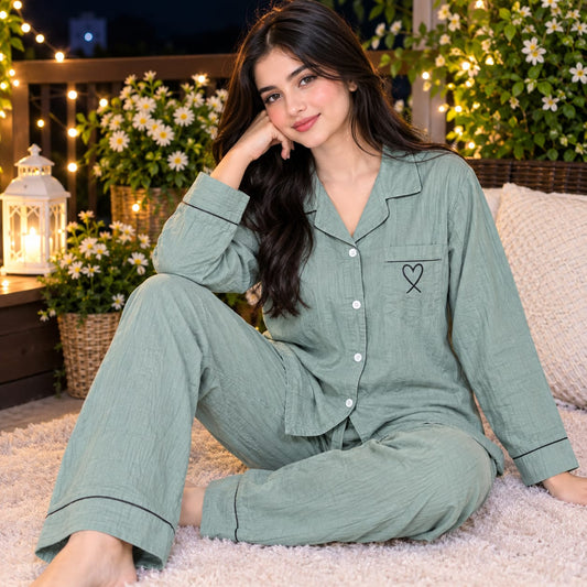 Women’s Premium 2 Piece Button-Down Night Suit - Zinc