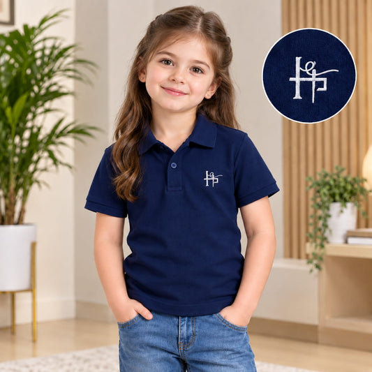 Kids Girls Classic Embroidered Polo Shirt - Navy Blue