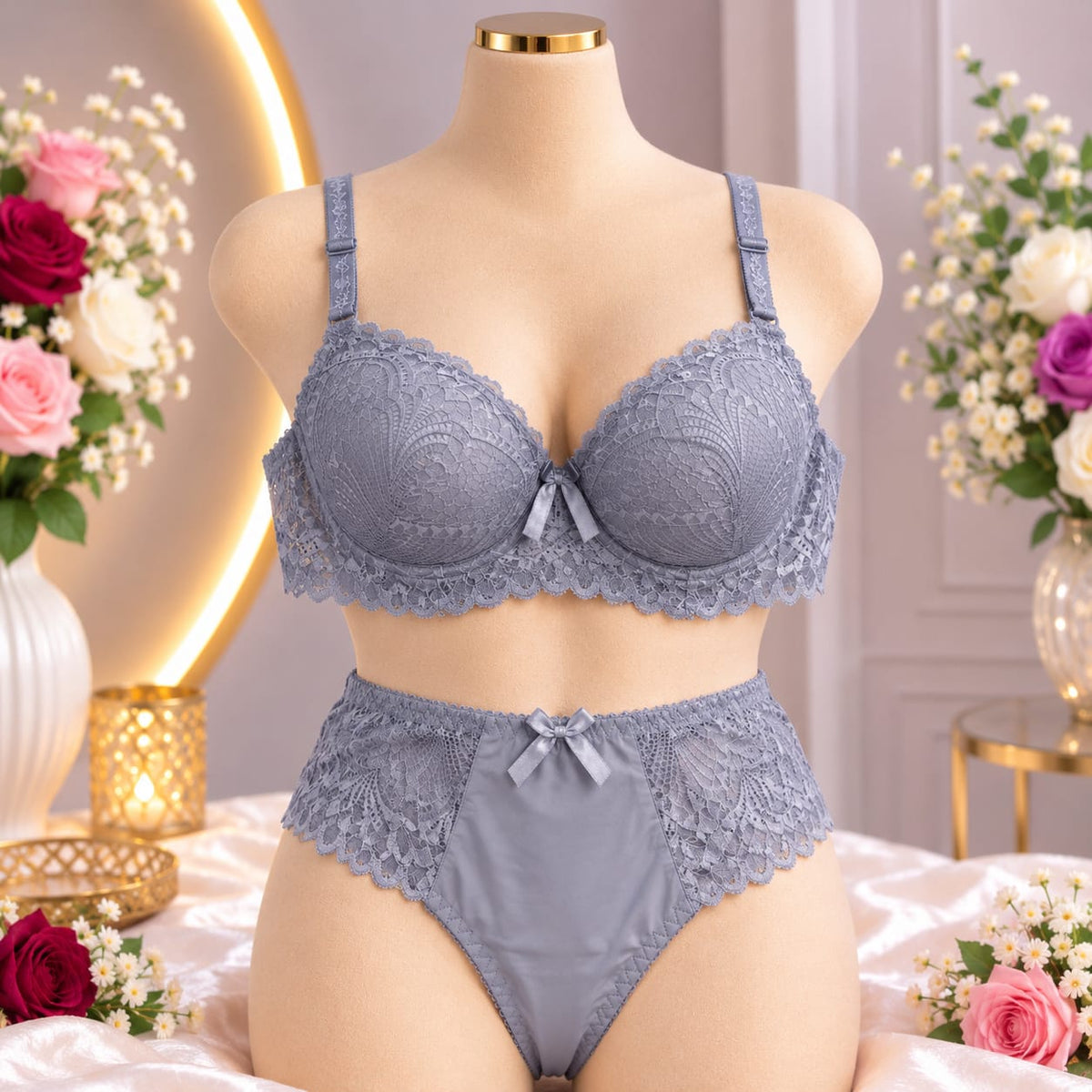 Ladies Floral Lace Bra & Panty Set – Grey