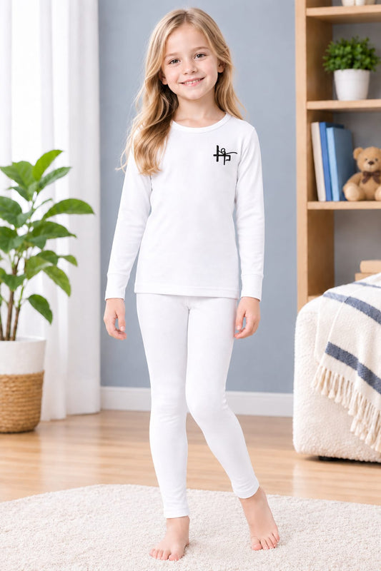 Kids Girls Classic Thermal Suit – 2 Piece - White