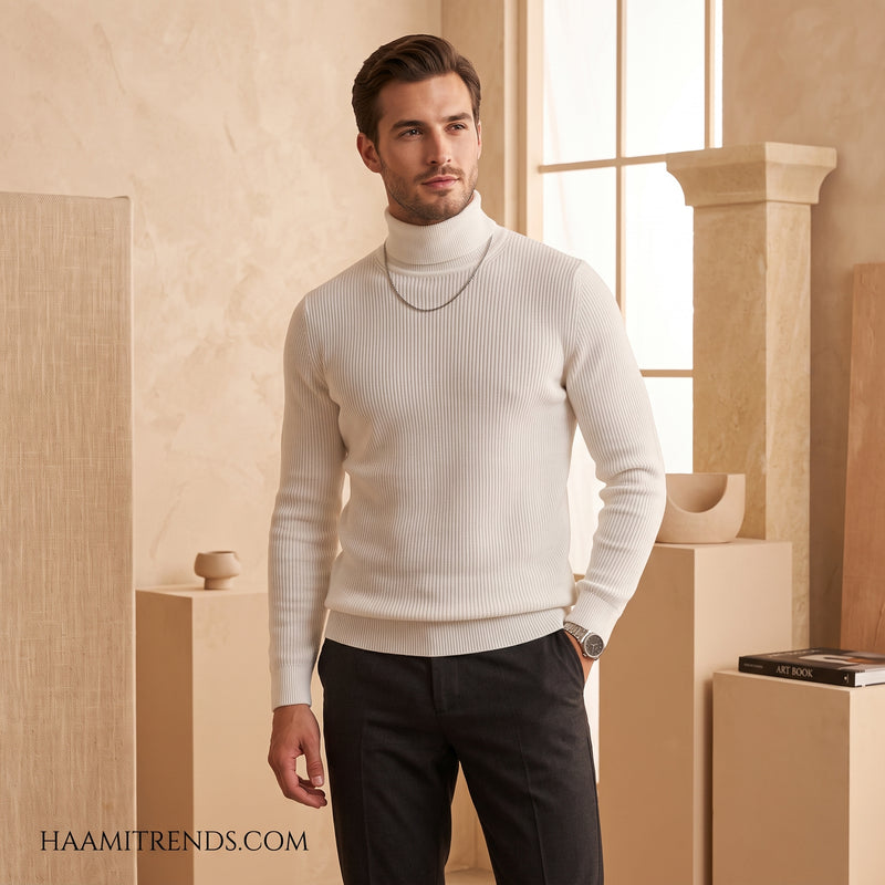 Men's Classic Ribbed High-Neck Turtleneck Knit Sweater