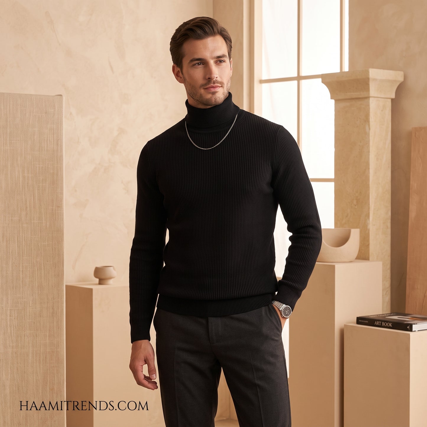 Men's Classic Ribbed High-Neck Turtleneck Knit Sweater