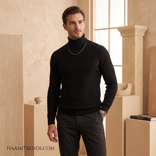 Men's Classic Ribbed High-Neck Turtleneck Knit Sweater