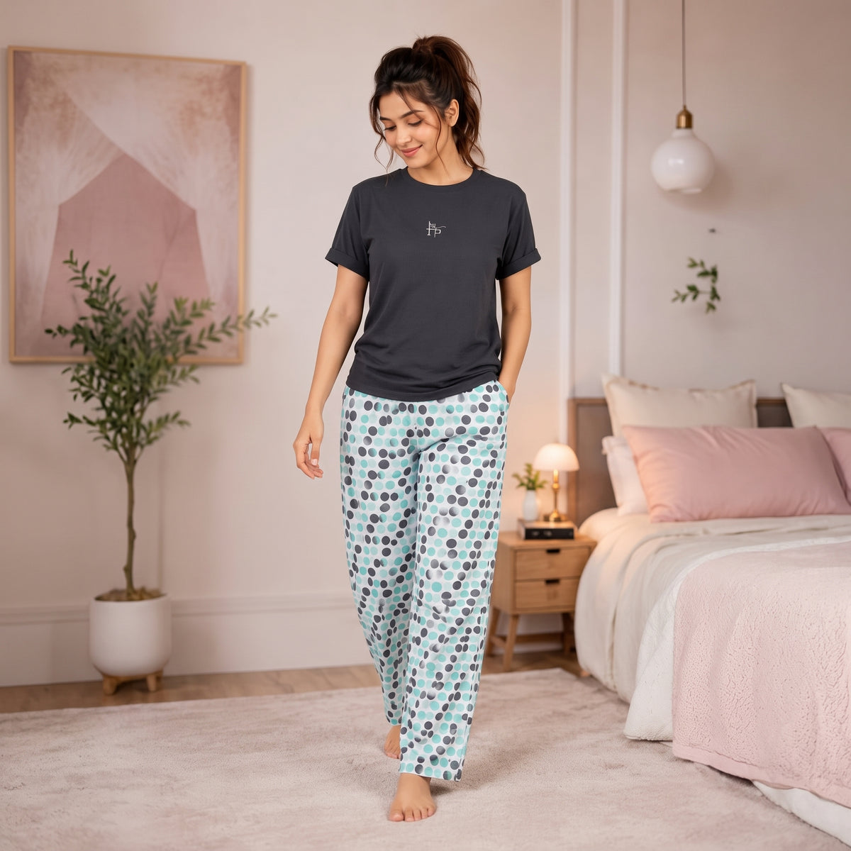 Ladies Night Suit 2 Piece – Black Top & Printed Pajama Set