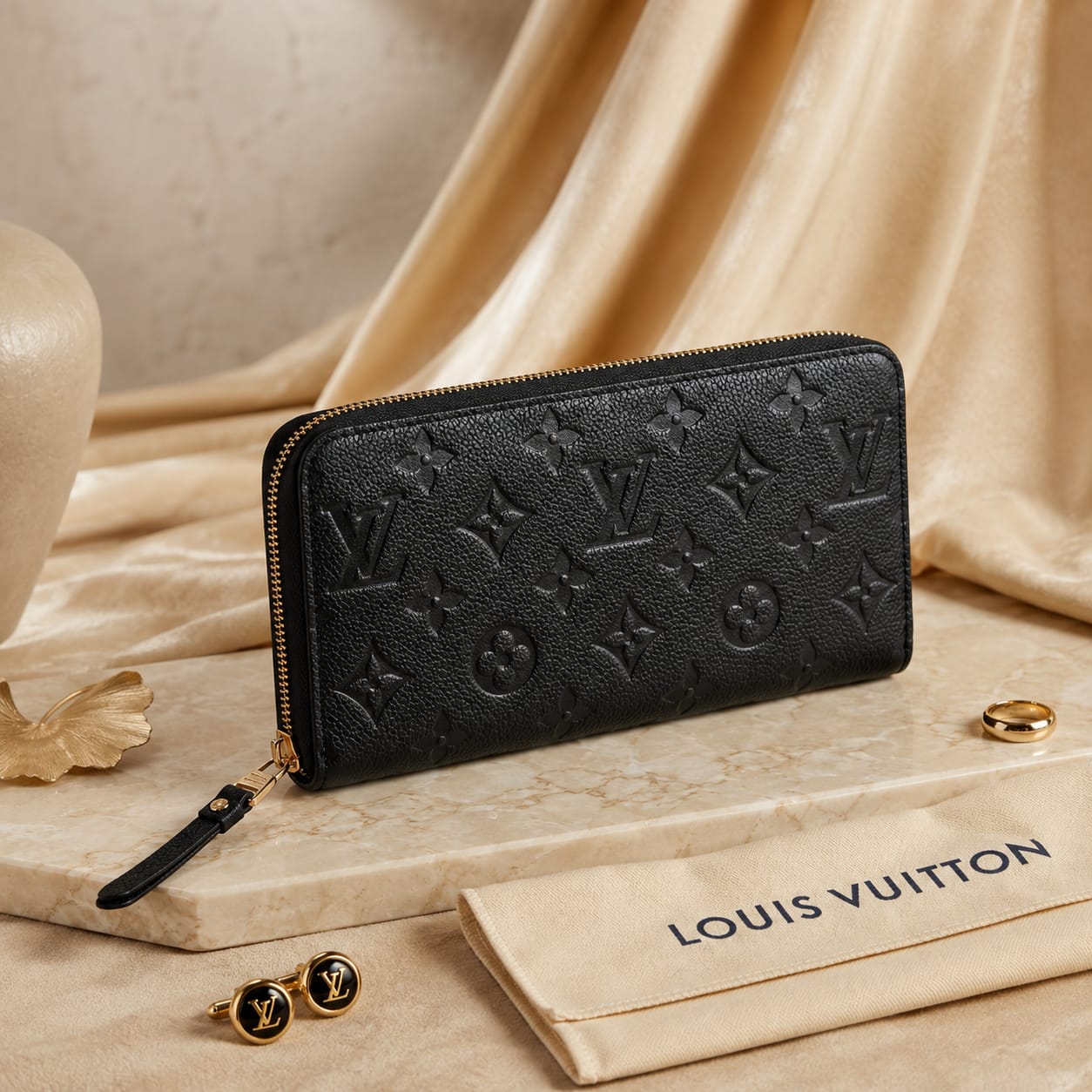 Women’s Embossed Monogram Zip-Around Wallet – Designer Long Leather Clutch