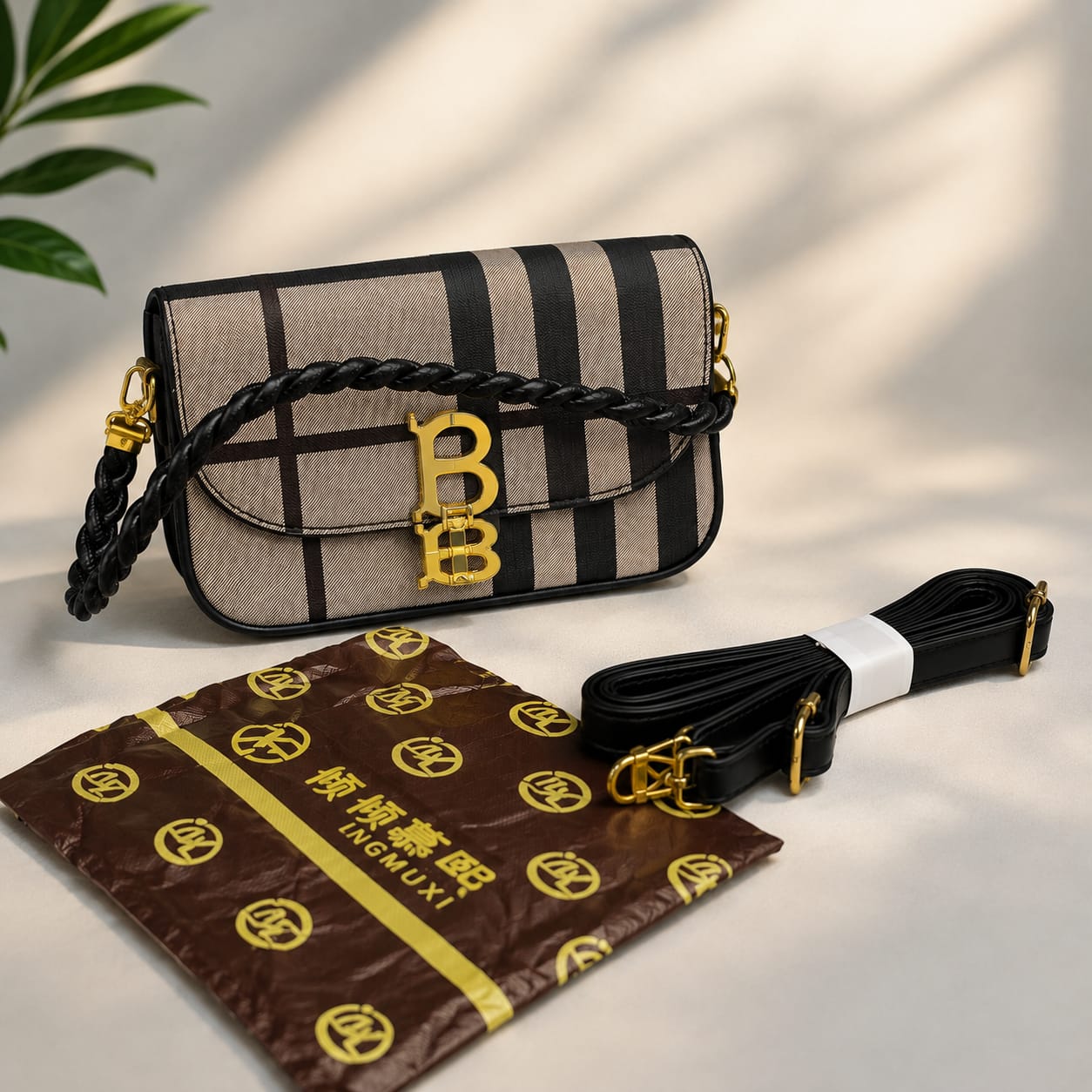 Women’s Plaid Shoulder Bag – Designer Crossbody Flap Bag with Braided Handle
