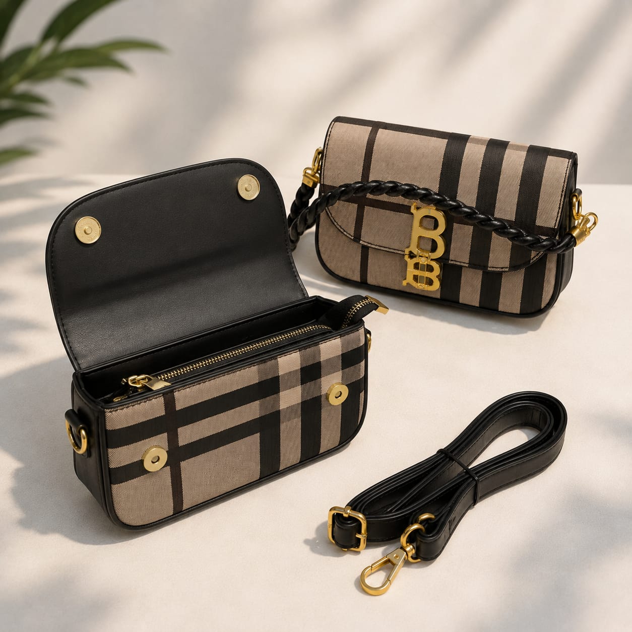 Women’s Plaid Shoulder Bag – Designer Crossbody Flap Bag with Braided Handle
