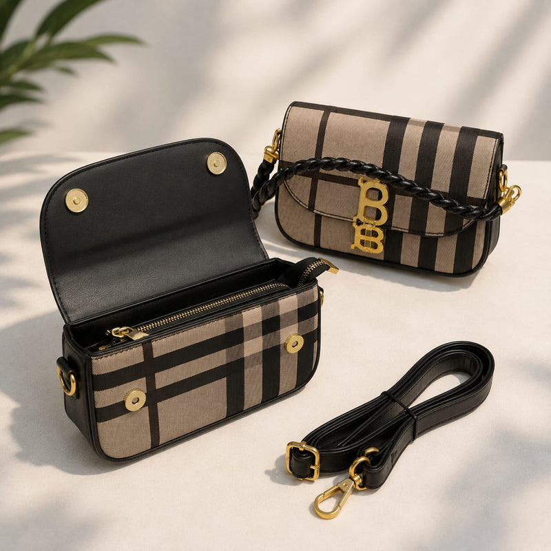 Women’s Plaid Shoulder Bag – Designer Crossbody Flap Bag with Braided Handle