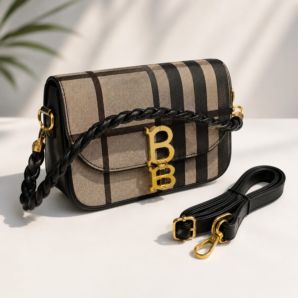 Women’s Plaid Shoulder Bag – Designer Crossbody Flap Bag with Braided Handle