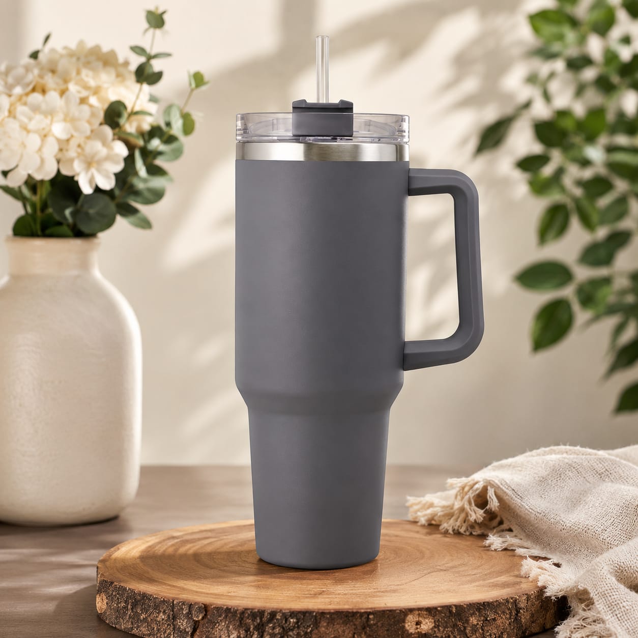 Stainless Steel Insulated Travel Tumbler with Handle and Straw Lid