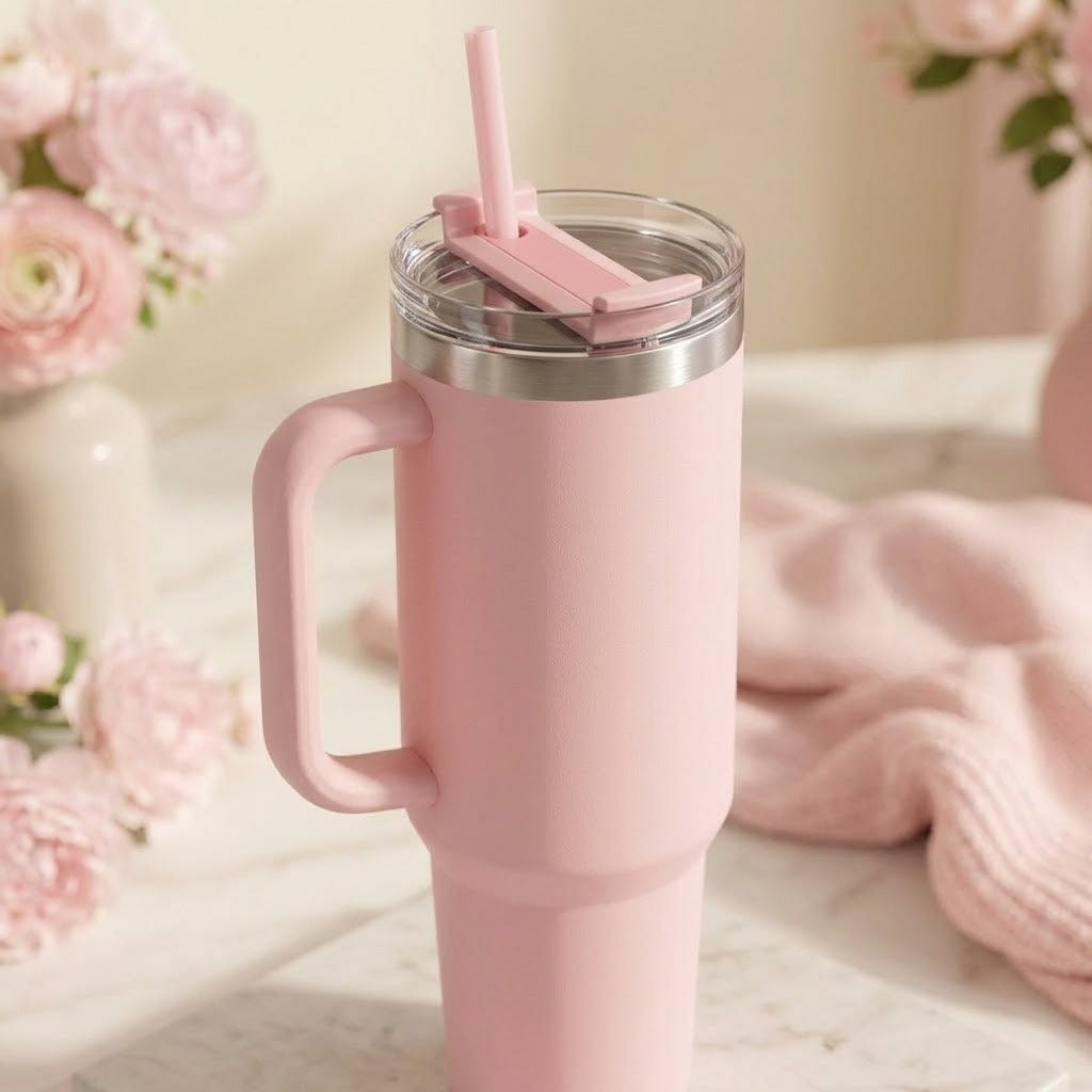Stainless Steel Insulated Travel Tumbler with Handle and Straw Lid
