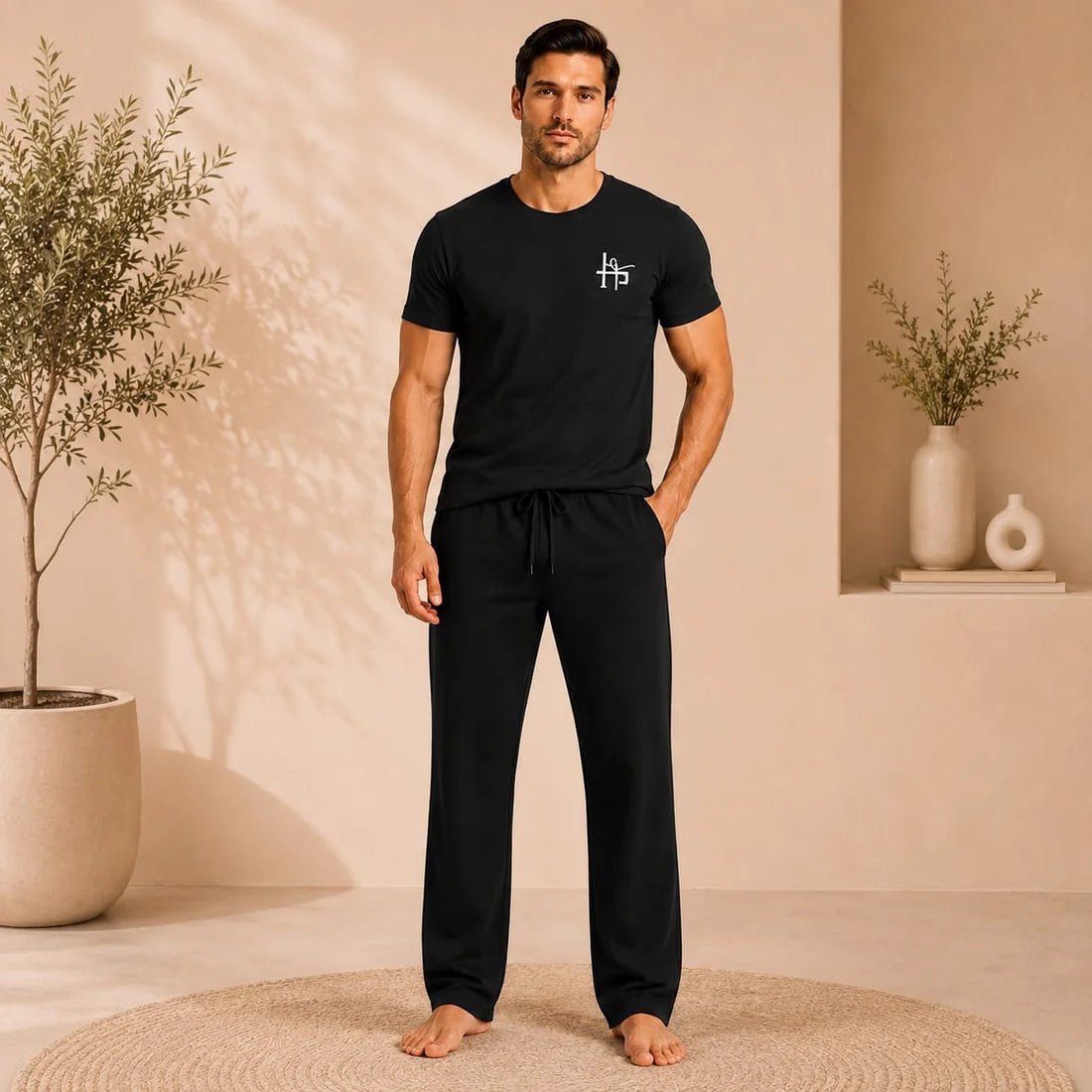 Men’s 2 Piece Lounge Set – Black T-Shirt & Trouser