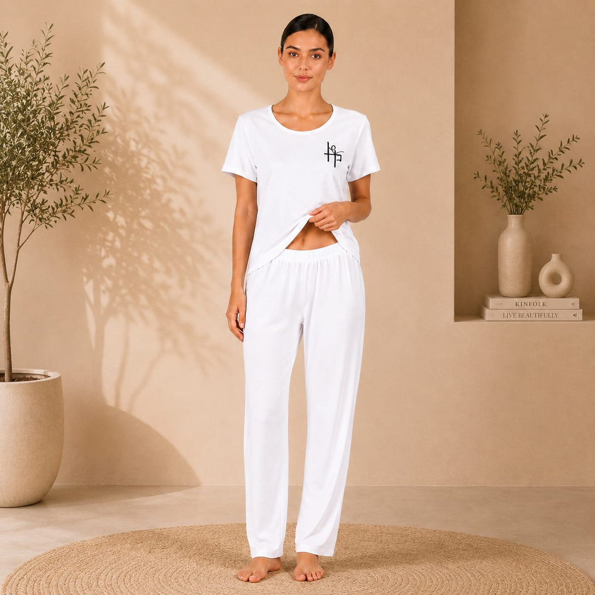 Women’s Full-Length Pajama Set – Short Sleeve T-Shirt & Long Pants