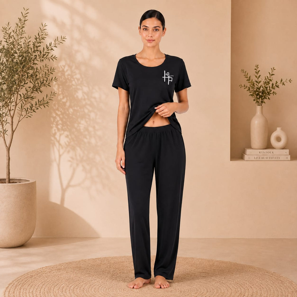 Women’s Full-Length Pajama Set – Short Sleeve T-Shirt & Long Pants