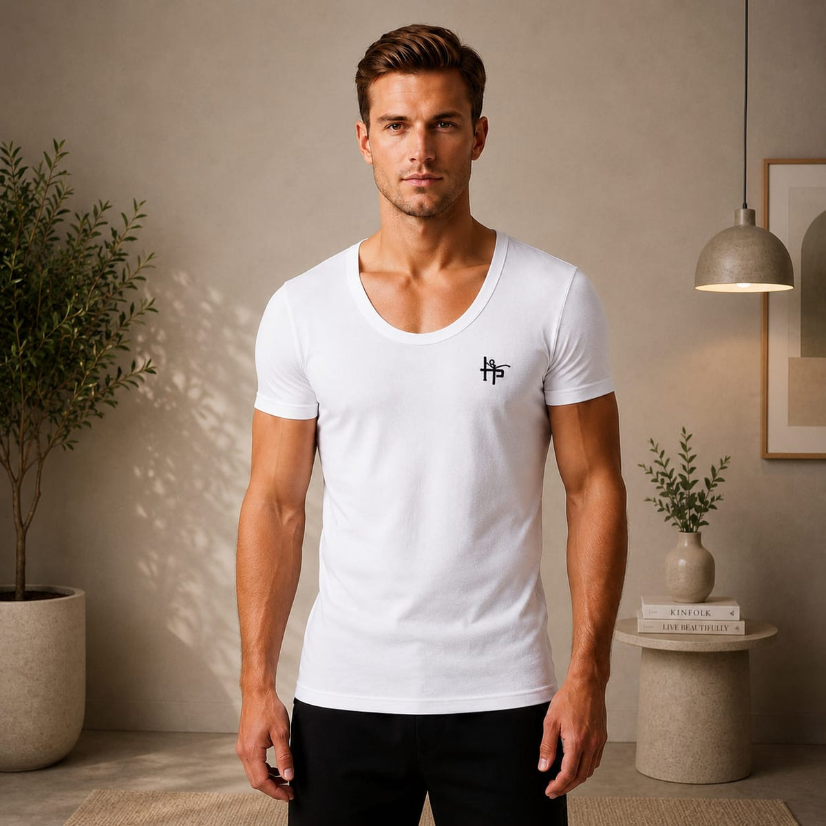 Men’s White Scoop Neck Short-Sleeve T-Shirt – Casual Slim Fit Undershirt