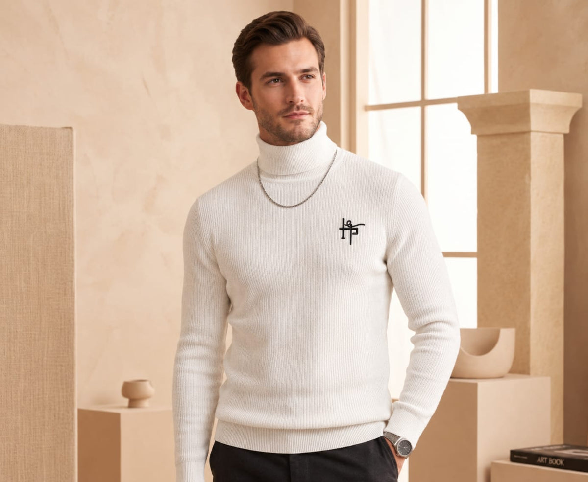 Men's White Classic Ribbed High-Neck Turtleneck Knit Sweater
