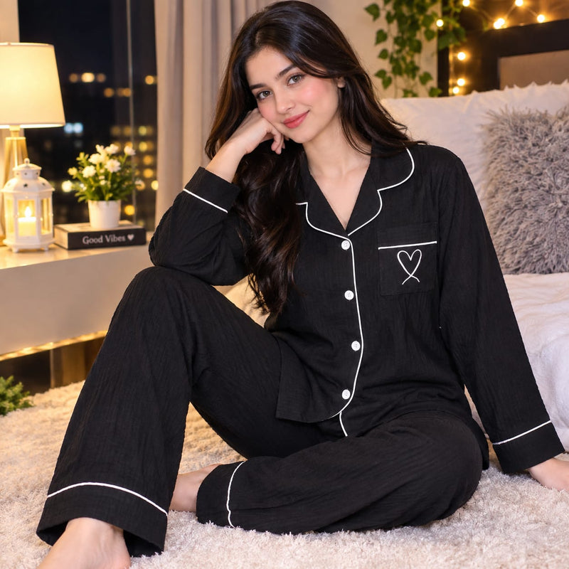 Women’s Premium 2 Piece Button-Down Night Suit - Black
