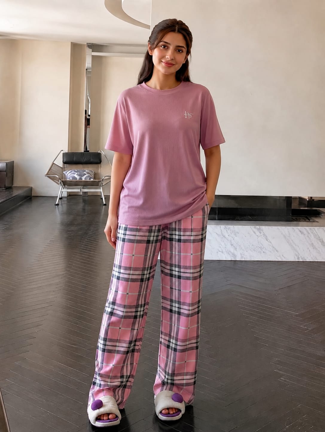Ladies Night Suit 2 Piece – Mauve Pink Top & Pink Check Pajama Set