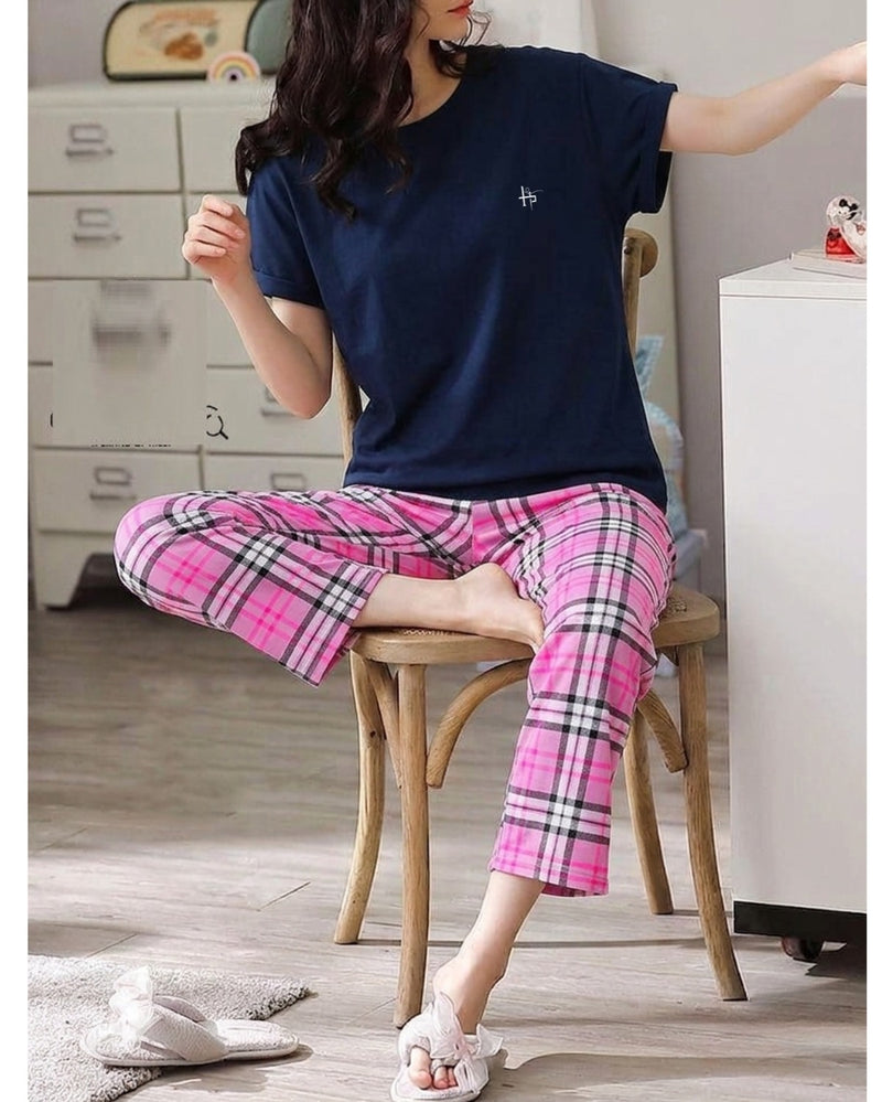 Ladies Night Suit 2 Piece – Navy Blue Top & Pink Check Pajama Set