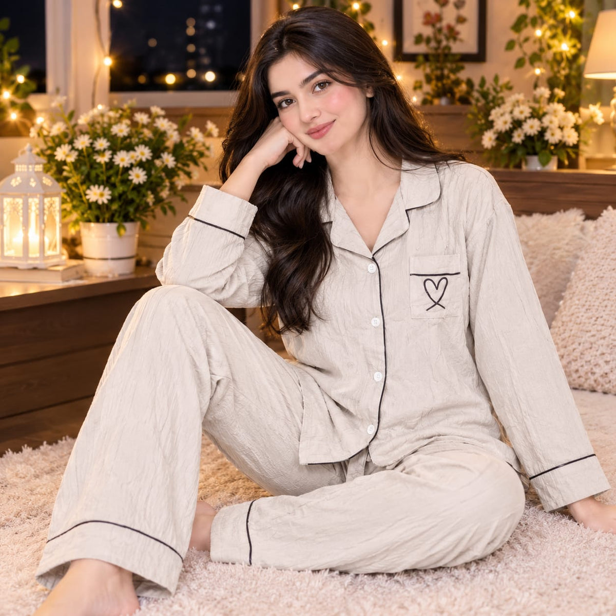 Women’s Premium 2 Piece Button-Down Night Suit - Black
